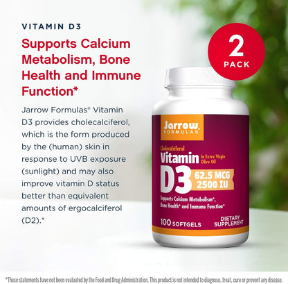 Jarrow Formulae Vitamin D3 2500 IU, 200 Softgels – Bone & Immune Support