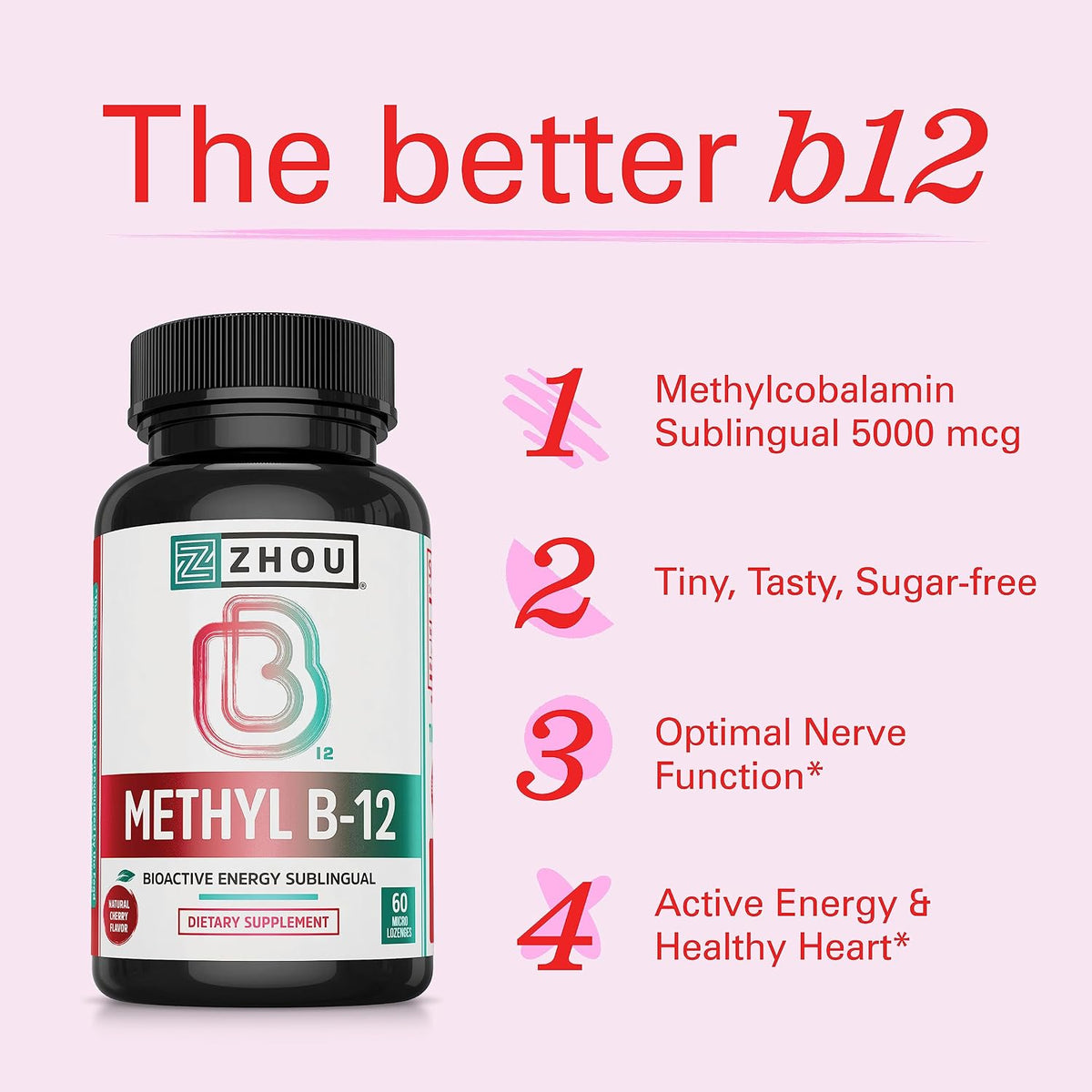 Zhou Methyl B12 - Methyl B-12 Supplement for Adults, Vitamin B12 5000 mcg, Vegan Friendly, Energy Metabolism and Nervous System Support, Methylcobalamin - 60 Micro Lozenges - görsel 3