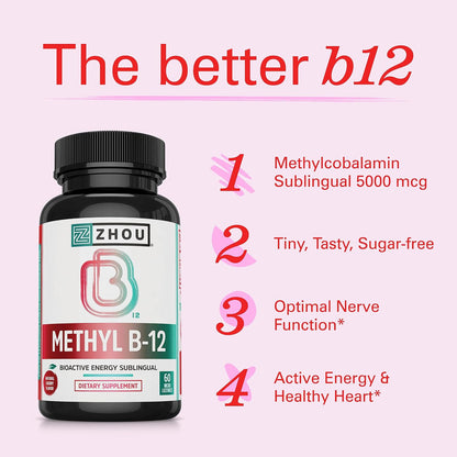 Zhou Methyl B12 - Methyl B-12 Supplement for Adults, Vitamin B12 5000 mcg, Vegan Friendly, Energy Metabolism and Nervous System Support, Methylcobalamin - 60 Micro Lozenges