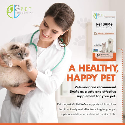 Pet Longevity SAM-e 100 mg – Liver and Joint Support for Cats & Small Dogs – 50 Enteric Coated Tablets
