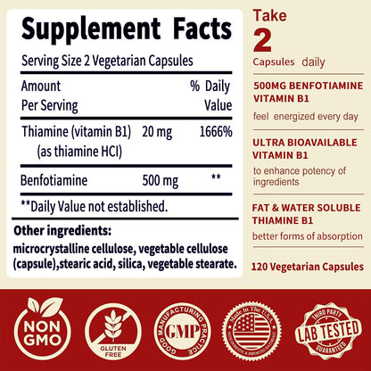 Benfotiamine 500mg - 120 Vegetarian Capsules - Fat-Soluble Vitamin B1 Thiamine Supplement