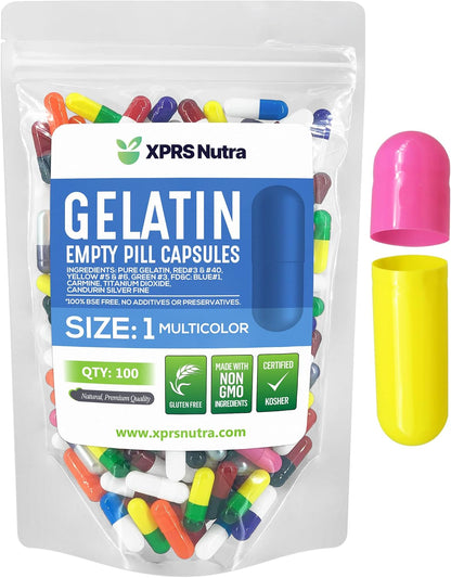 XPRS Nutra Size 1 Empty Gelatine Capsules - 100 Count - DIY Pill Filling Capsules (Multi Colour)