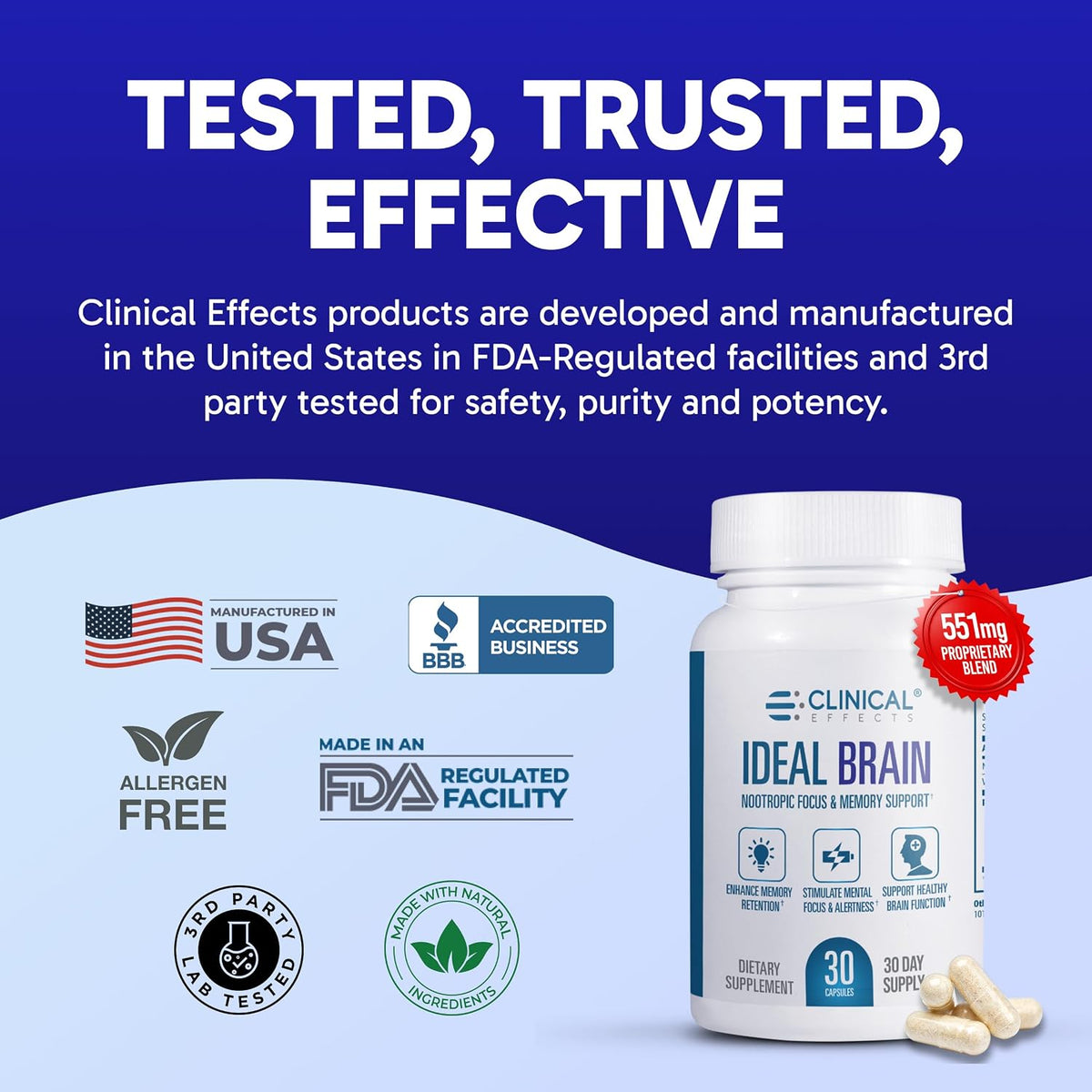 Clinical Effects Ideal Brain - Food Supplement for Nootropic Focus and Memory Support - 30 Capsules - B Vitamins, GABA, Alpha-GPC - görsel 7