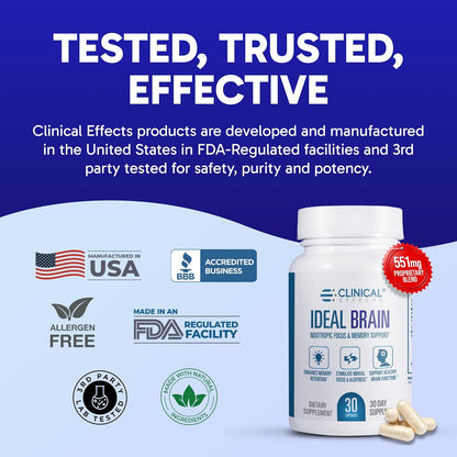 Clinical Effects Ideal Brain - Food Supplement for Nootropic Focus and Memory Support - 30 Capsules - B Vitamins, GABA, Alpha-GPC