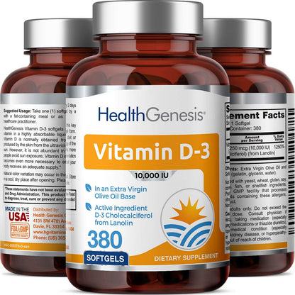 Vitamin D3 10000 IU 380 Softgels - High Strength with Extra Virgin Olive Oil, Non-GMO, Soya-Free