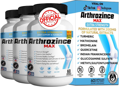 Arthrozince Max Extra Strength Joint Support – Glucosamine, Chondroitin, MSM, Boswellia, Turmeric – For Flexibility, Mobility & Comfort – 60 Capsules