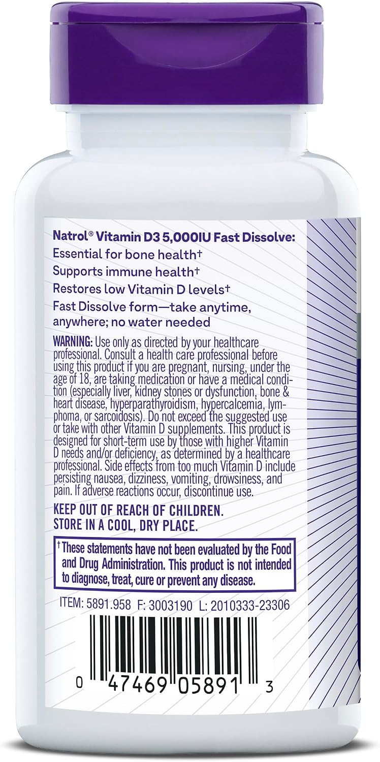 Natrol Vitamin D3 5,000 IU Fast Dissolve Tablets, Bone & Joint Health, 90 Count - görsel 7