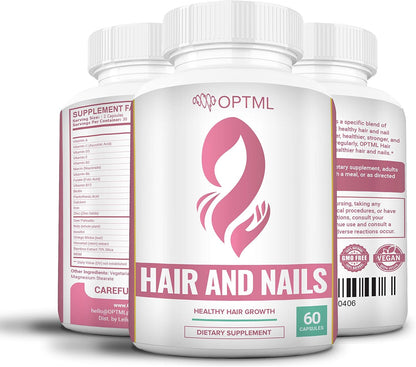 OPTML Hair and Nail Vitamins for Growth and Thickness, with Biotin, 60 Capsules