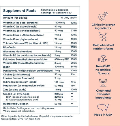 BabyRx Complete Postnatal+ - Postnatal Vitamins with Omega-3 DHA, EPA, Collagen, Folate, Iron, 60 Capsules