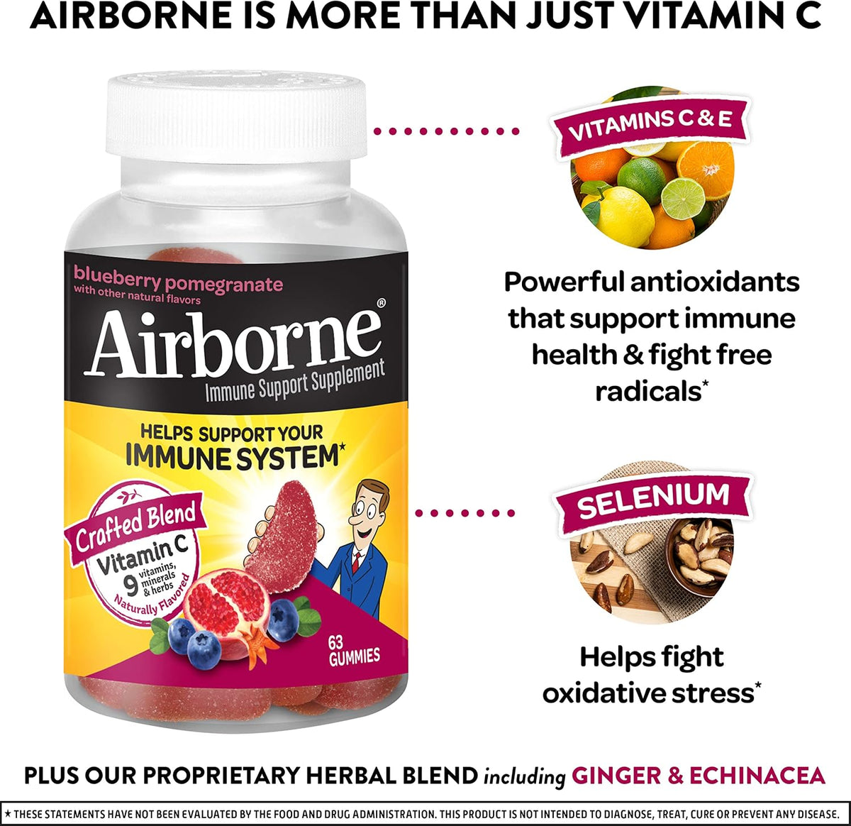 Airborne 750mg Vitamin C Gummies for Adults, Immune Support Supplement with Antioxidants Vitamins A, C & E – 63 Gummies, Blueberry Pomegranate Flavour - görsel 2