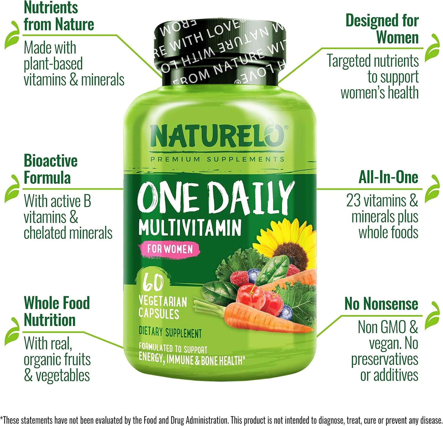 NATURELO One Daily Multivitamin for Women - Plant-Based Energy Support, 60 Capsules - görsel 2