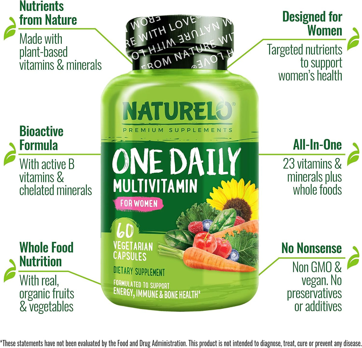 NATURELO One Daily Multivitamin for Women - Plant-Based Energy Support, 60 Capsules - görsel 2
