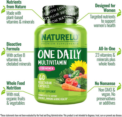 NATURELO One Daily Multivitamin for Women - Plant-Based Energy Support, 60 Capsules