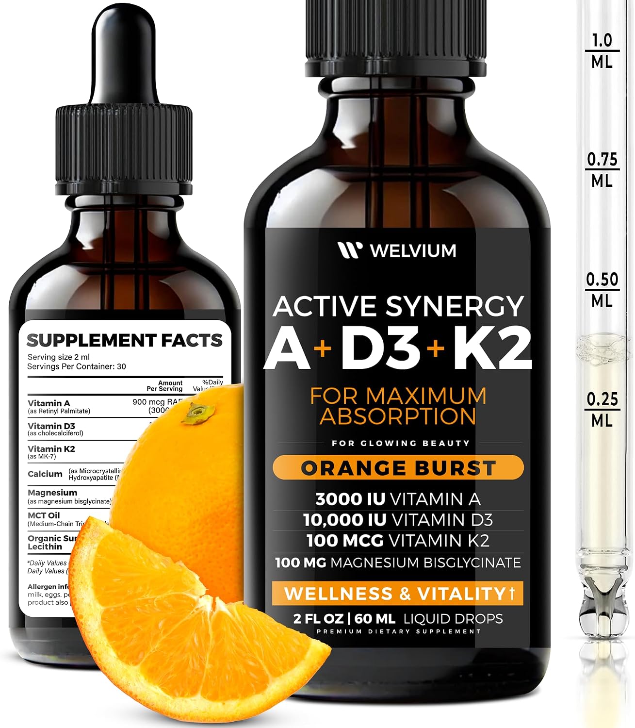 WELVIUM 7-in-1 Liquid Vitamin D3 K2 Magnesium Drops with 10,000 IU D3, MK-7, Vitamin A, Calcium, MCT Oil – Immune, Bone & Skin Support (30 Servings) - görsel 1