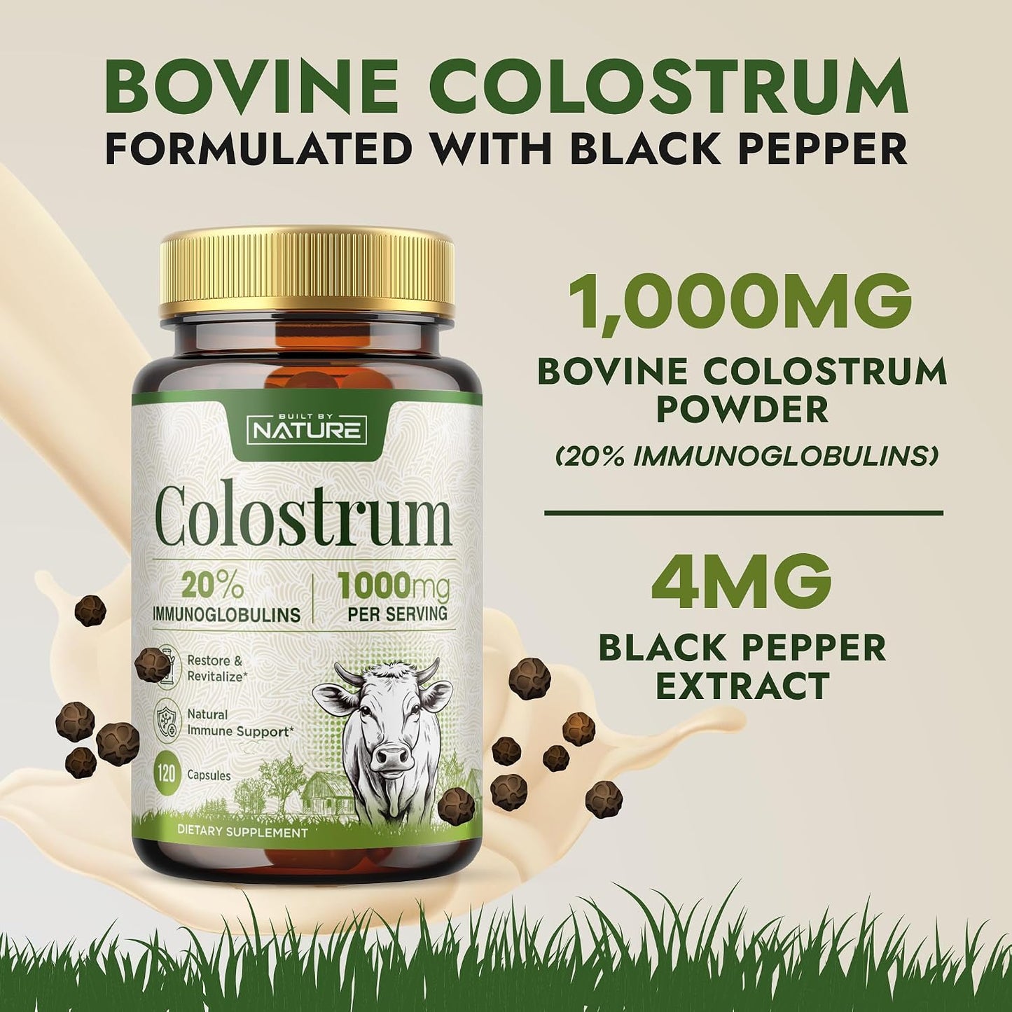 Built by Nature Colostrum Supplement, 120 Capsules – 1000mg Grass-Fed Bovine Colostrum Powder from First Milkings, 20% IgG Immunoglobulins – Gut Health, Immune Support, Hair & Skin Wellness - görsel 3