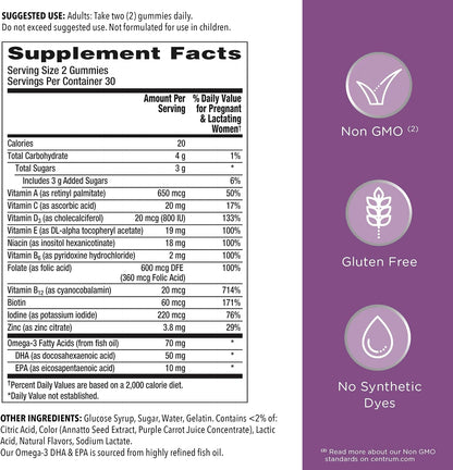 Centrum Prenatal Multivitamin Gummies with DHA and Folic Acid, Mixed Berry and Orange - 60 Count