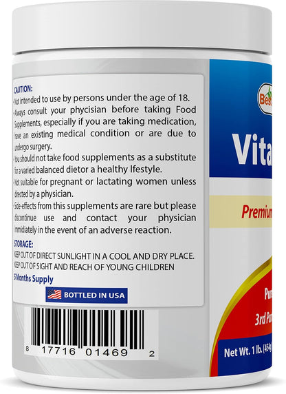 Best Naturals 100% Pure Vitamin C Powder - Ascorbic Acid, 454 g (1 lb)