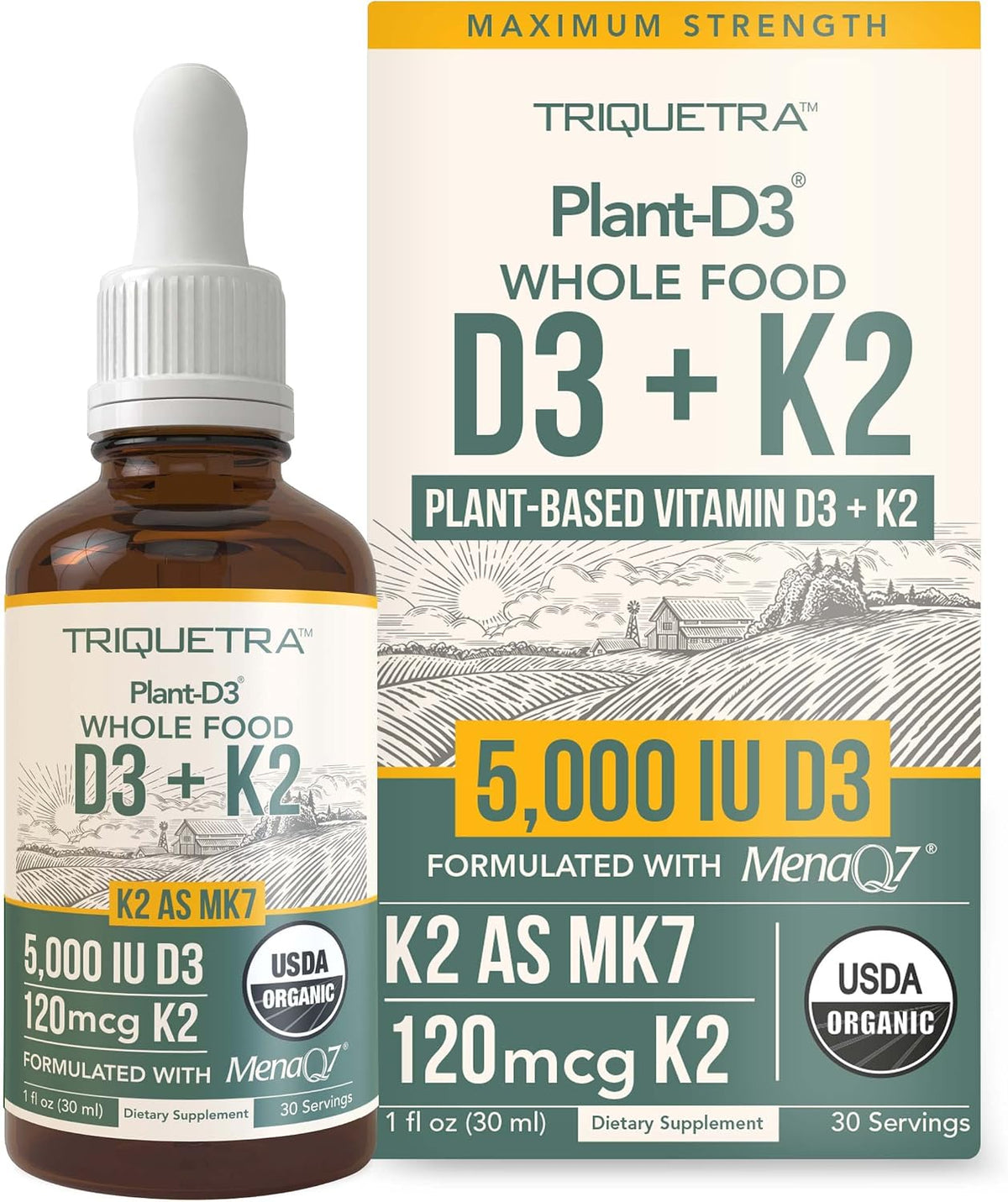 Organic Plant D3 + K2 (5000 IU D3 & 120 mcg K2) – All-Trans MK7 MenaQ7 – Sublingual Drops – Vegan & Organic - görsel 1