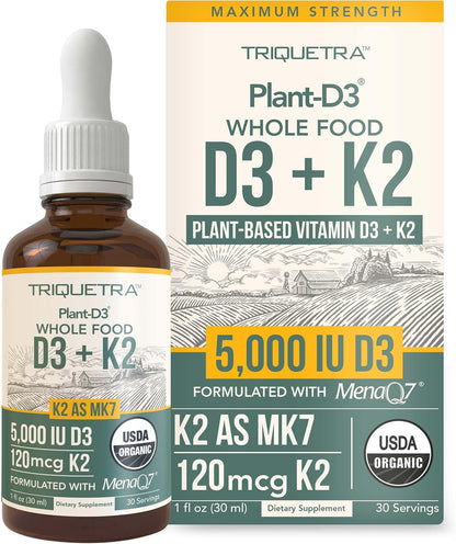 Organic Plant D3 + K2 (5000 IU D3 & 120 mcg K2) – All-Trans MK7 MenaQ7 – Sublingual Drops – Vegan & Organic