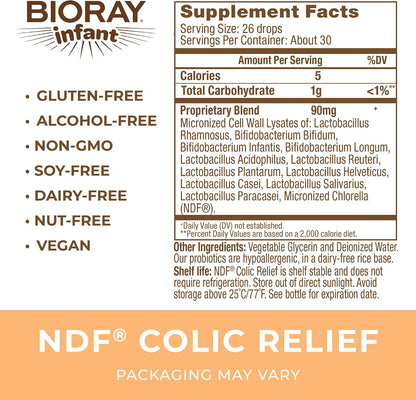 BIORAY Infant NDF Colic Relief - 1 fl oz (30 ml) - 11-Strain Probiotic Lysate - Supports Digestive Comfort - Non-GMO, Vegetarian, Gluten-free - Approx. 30 Servings