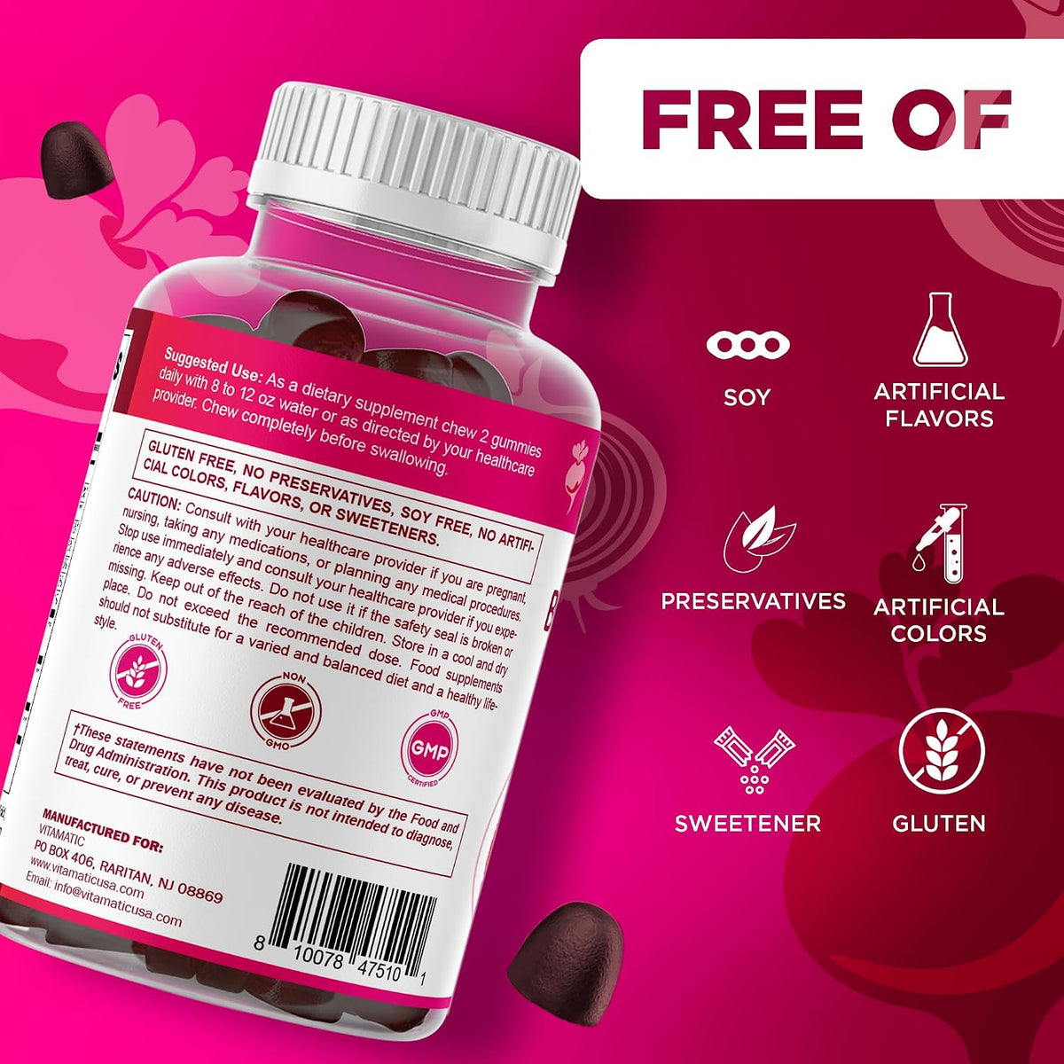 Vitamatic Beetroot Gummies with B6, B12, Grape Seed, Pomegranate & Nicotinamide - Vegan, Non-GMO, 60 Gummies - görsel 7