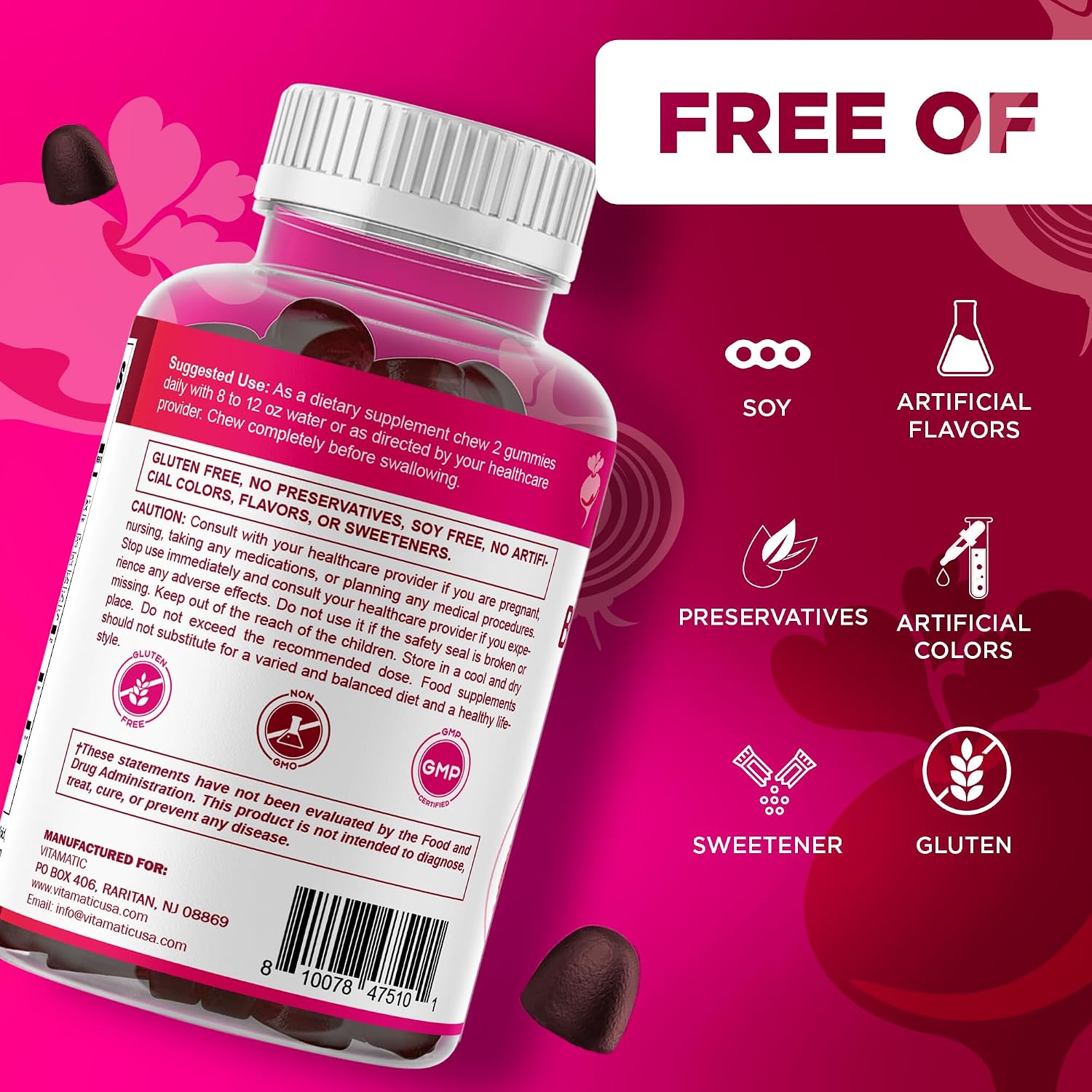 Vitamatic Beetroot Gummies with B6, B12, Grape Seed, Pomegranate & Nicotinamide - Vegan, Non-GMO, 60 Gummies - görsel 7