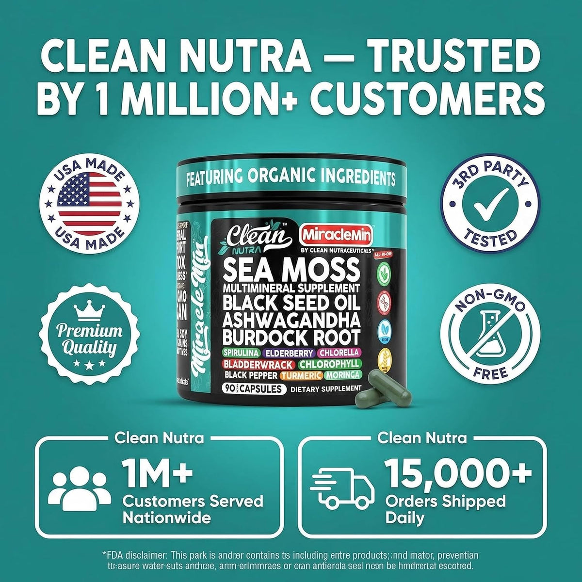 Clean Nutra Organic Sea Moss Capsules with Ashwagandha, Black Seed Oil, and Superfoods Blend – 90 Vegan Capsules - görsel 8