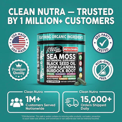 Clean Nutra Organic Sea Moss Capsules with Ashwagandha, Black Seed Oil, and Superfoods Blend – 90 Vegan Capsules