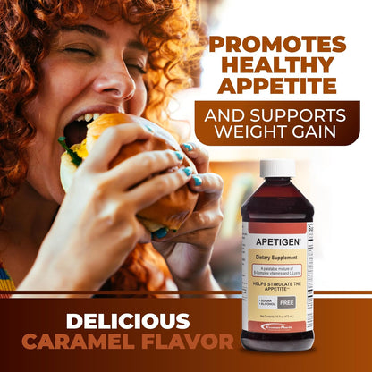 Apetigen Appetite Stimulant – Vitamin B-Complex with L-Lysine Liquid – Sugar-Free Caramel Flavour, 473ml