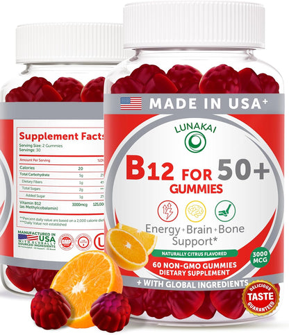 Lunakai USA-made Vitamin B12 Gummies for Adults 50+ - Non-GMO B12 for Energy & Vitality Boost - Citrus Flavour - 60ct
