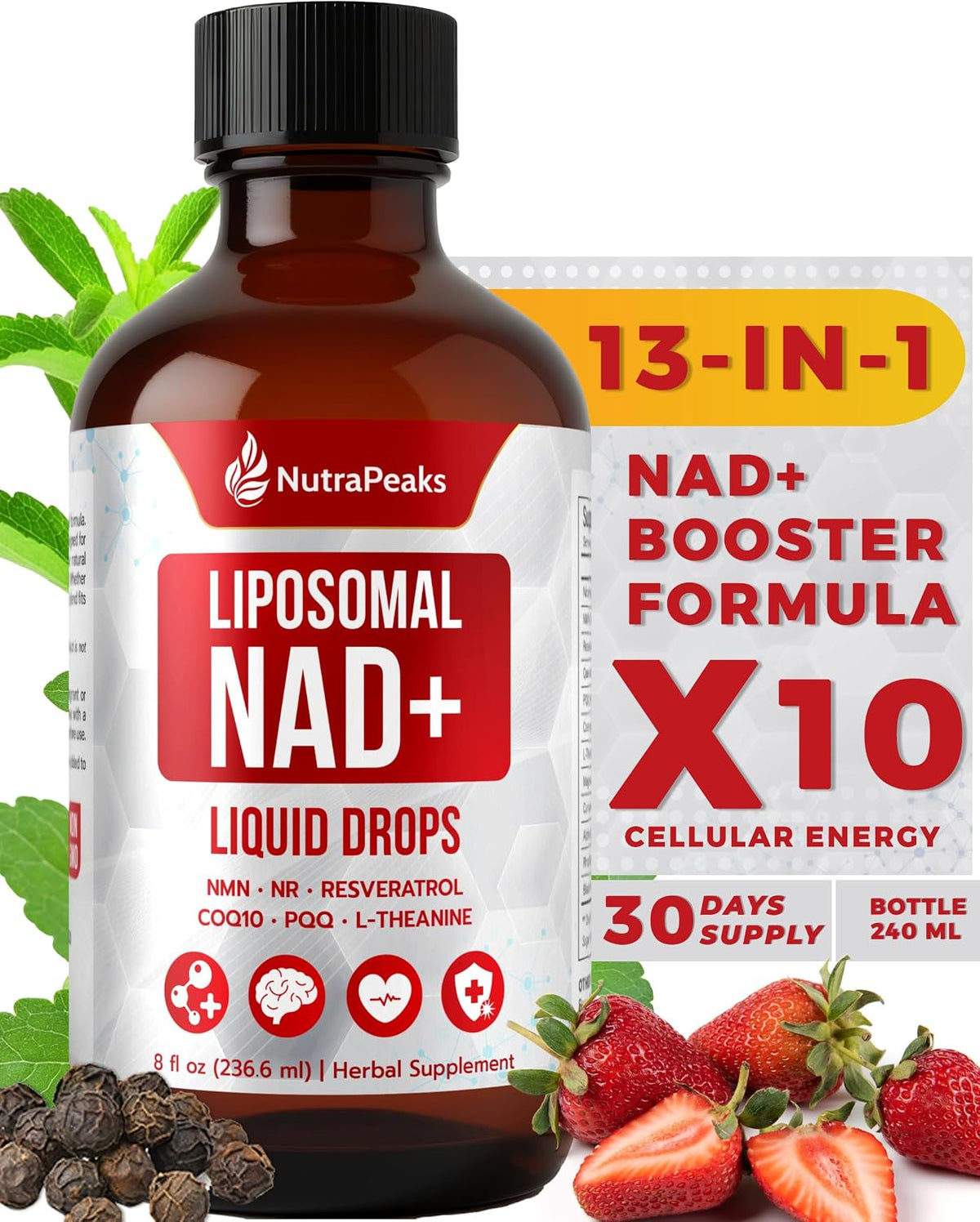 NutraPeaks NAD+ Supplement Liquid - 1000mg Liposomal Formula with Nicotinamide Riboside, NMN, Resveratrol, PQQ, CoQ10, L-Theanine, Rhodiola Rosea - Berry Flavour Sticks for Cellular Energy, Focus, and Stress Balance - görsel 9