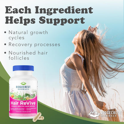 RidgeCrest Herbals Hair ReVive, Nutritional Hair Supplement with Vitamin C, Biotin (6000mcg), Zinc and Copper, Hair Vitamins for Women (120 Capsules, 30 Servings)