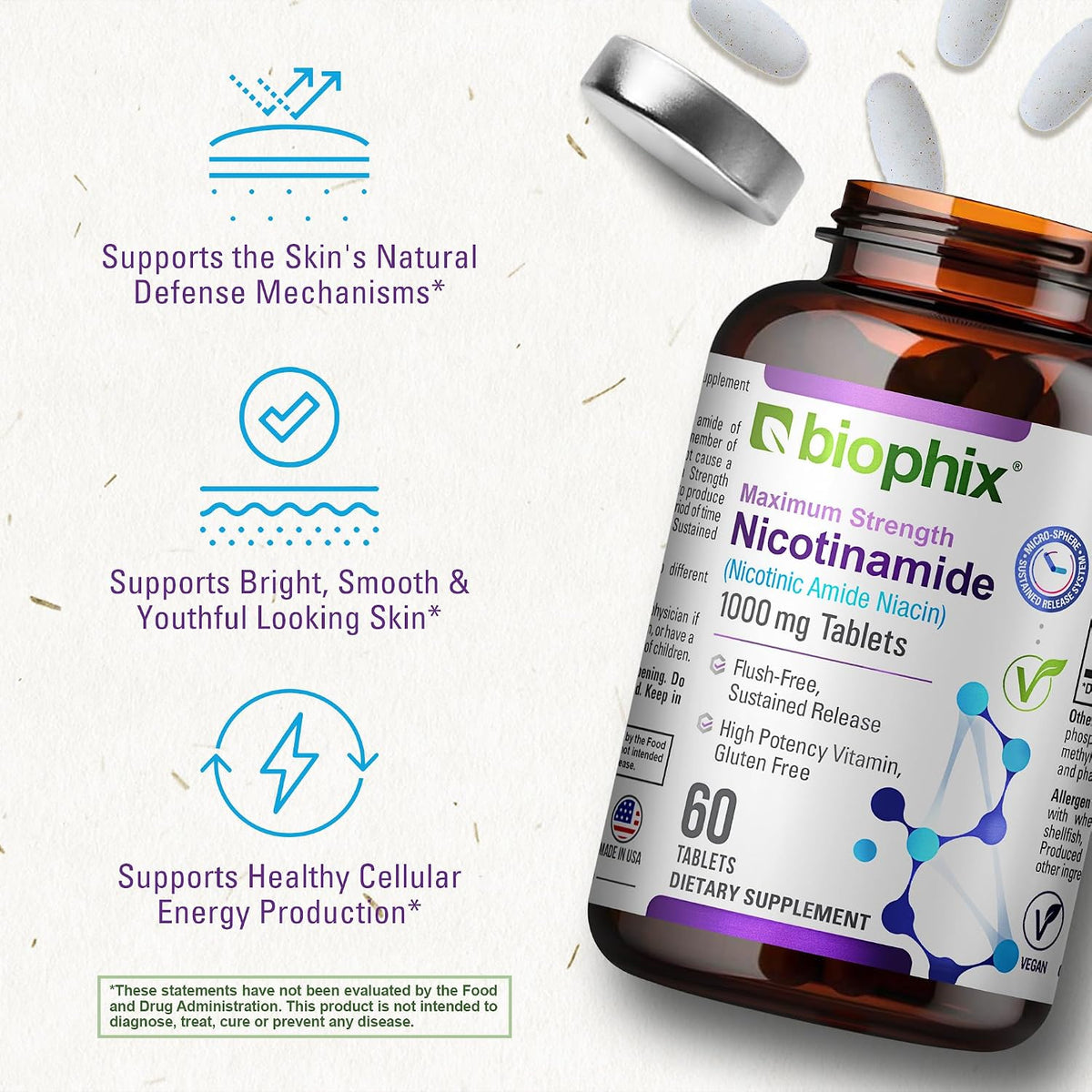 biophix B-3 Nicotinamide 1000 mg - 60 Timed Release Tablets - Flush-free Vitamin B3 (Niacinamide) - görsel 4