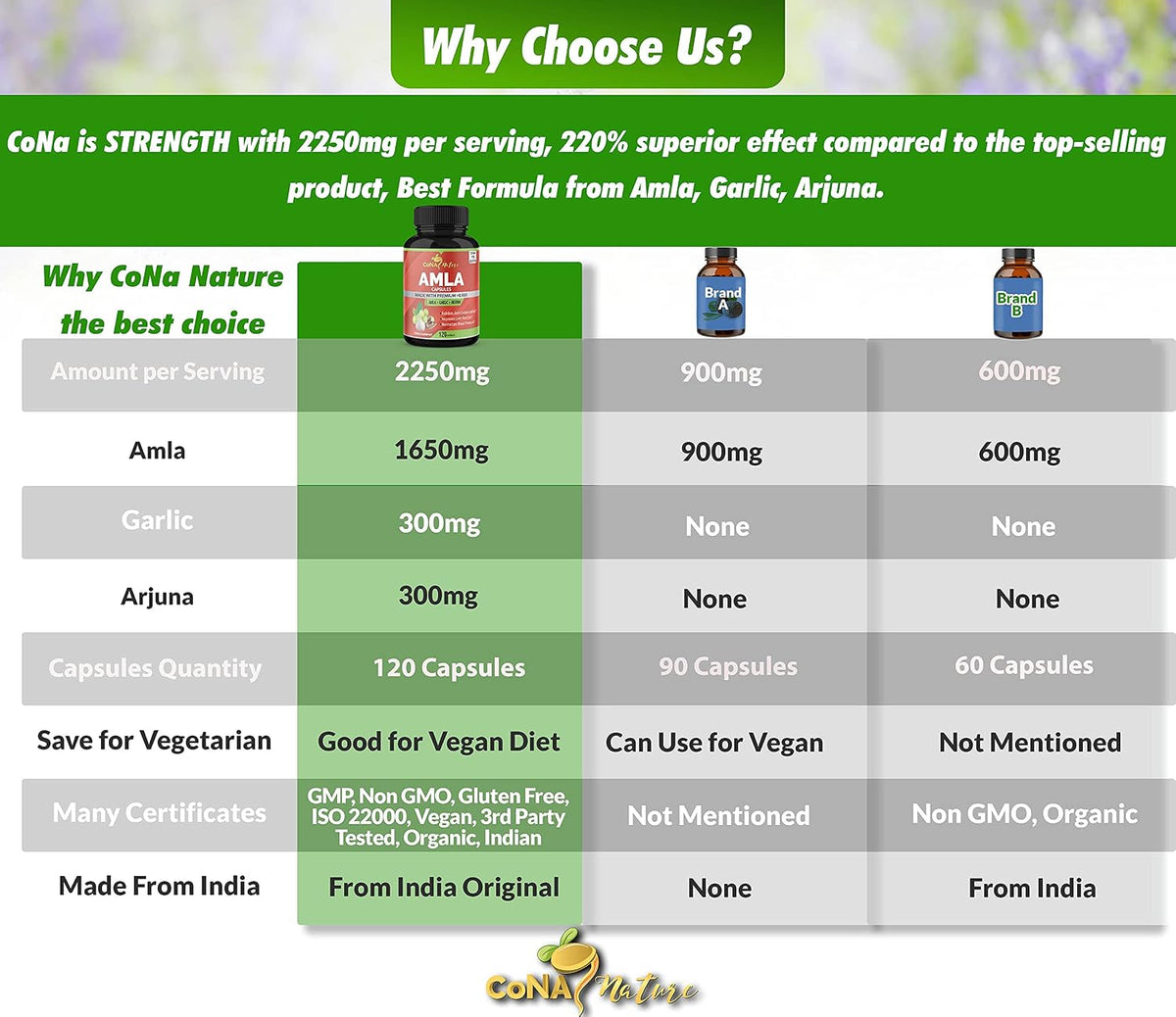 Cona Nature Organic Amla Capsules 1650mg – Third-Party Testing: The product is independently tested for purity, – Image 3