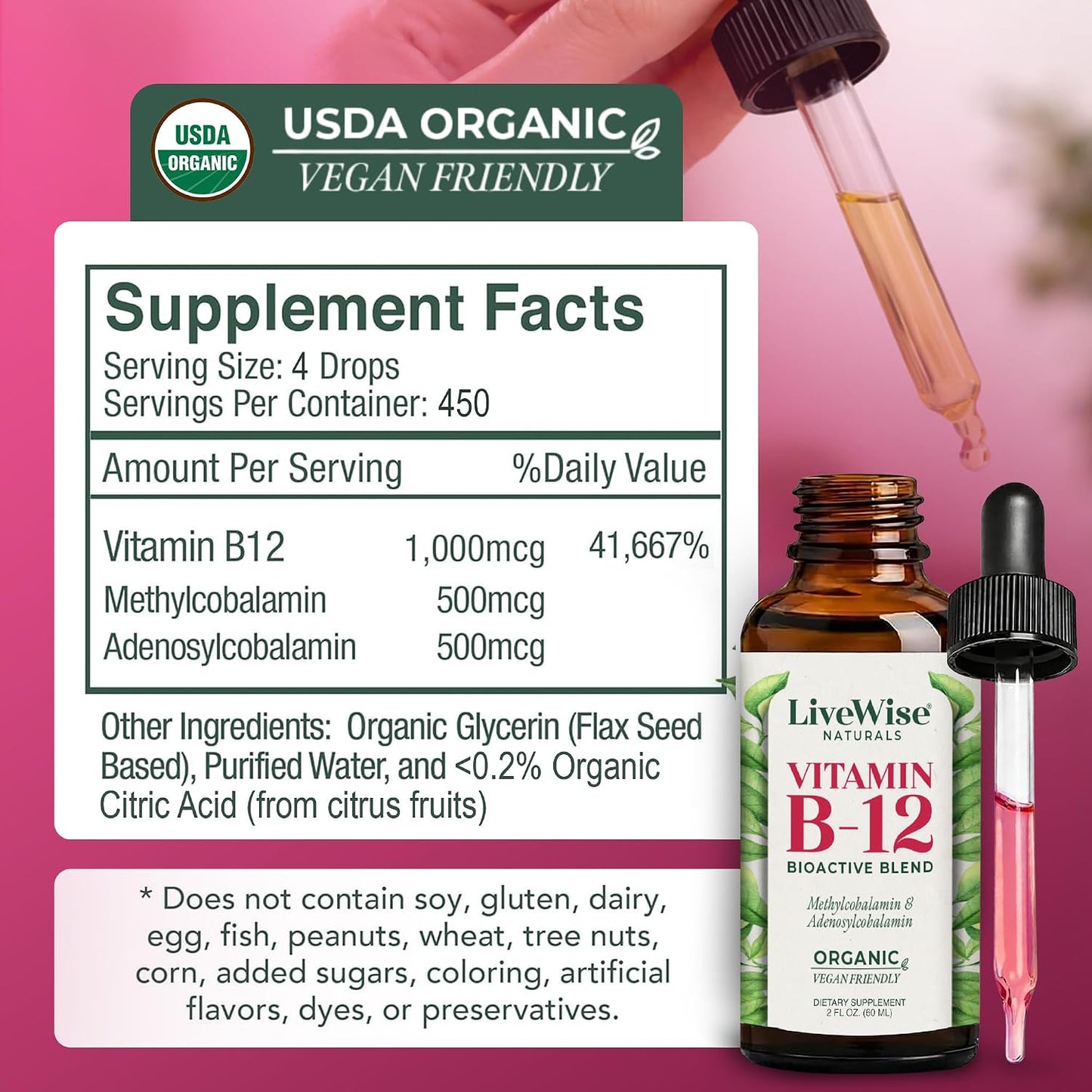 Organic Vitamin B12 1000 mcg Sublingual Liquid Drops - Methylcobalamin & Adenosylcobalamin, Unflavoured, 60 ml (450 Servings) - görsel 2