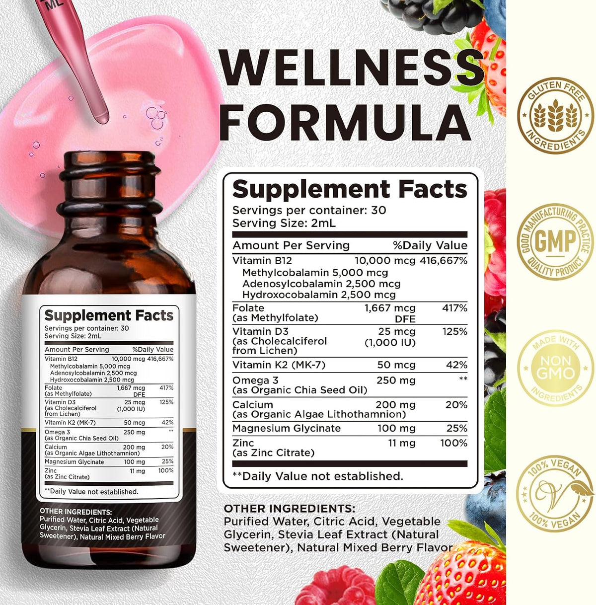 Vitamin B12 Complex 10000 mcg | Vegan Triple Liquid B-12 Drops | Methylcobalamin & Adenosylcobalamin & Hydroxo Blend for Energy and Metabolism | Berry Flavour - görsel 3