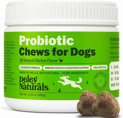 Deley Naturals Probiotics Plus Chews for Dogs - Gut Health Supplement with 5 Billion CFUs and Digestive Enzymes (90 Chews)