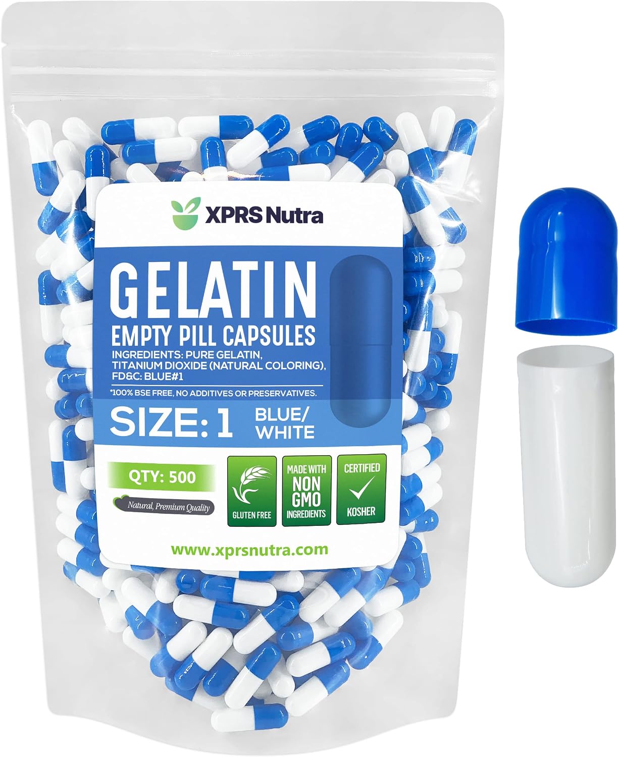 XPRS Nutra Size 1 Empty Capsules - 500 Count Empty Gelatine Capsules - Pill DIY Capsule Filling - Pure Bovine Pill Gel Caps (Blue/White) - görsel 1