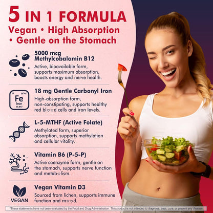 Methylated B12 Gummies 5000mcg - L-Methylfolate, Iron, B6, D3 - 2 Pack