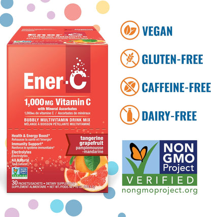 Ener-C Tangerine & Grapefruit Multivitamin Drink Mix - 1000mg Vitamin C, Non-GMO, Vegan, Gluten-free, Electrolytes, 2-Pack (60 Sachets)