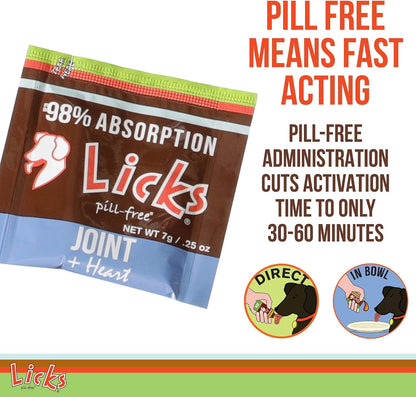 Licks Joint & Heart Support - Mobility, Joint Comfort & Heart Health Support for Dogs - MSM, Omega-3 & Vitamin E - Pill-Free Gel Packets - Chicken Flavour - 30 Packets