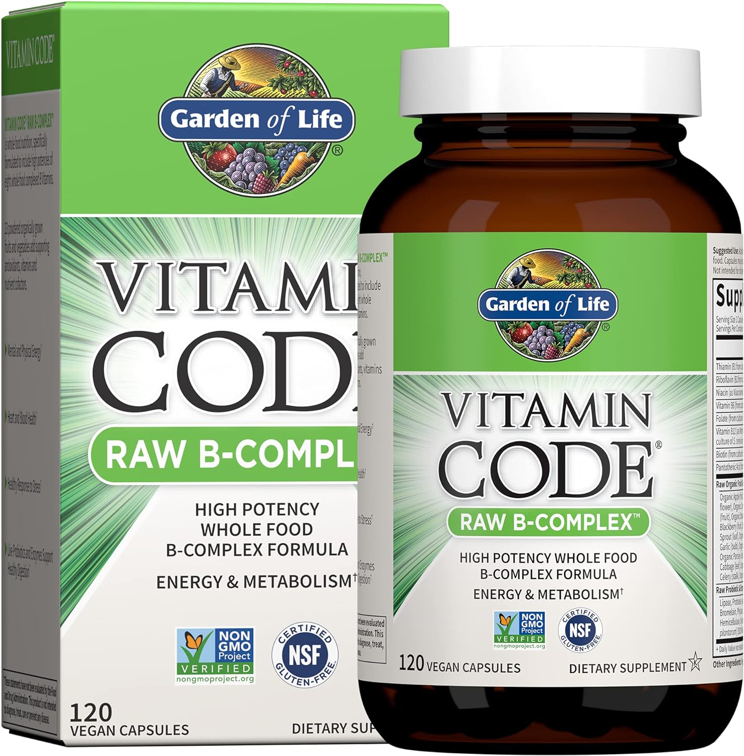 Garden of Life Vitamin B Complex - High Potency Raw B Vitamins for Energy & Metabolism with Probiotics, 120 Vegan Capsules - görsel 1