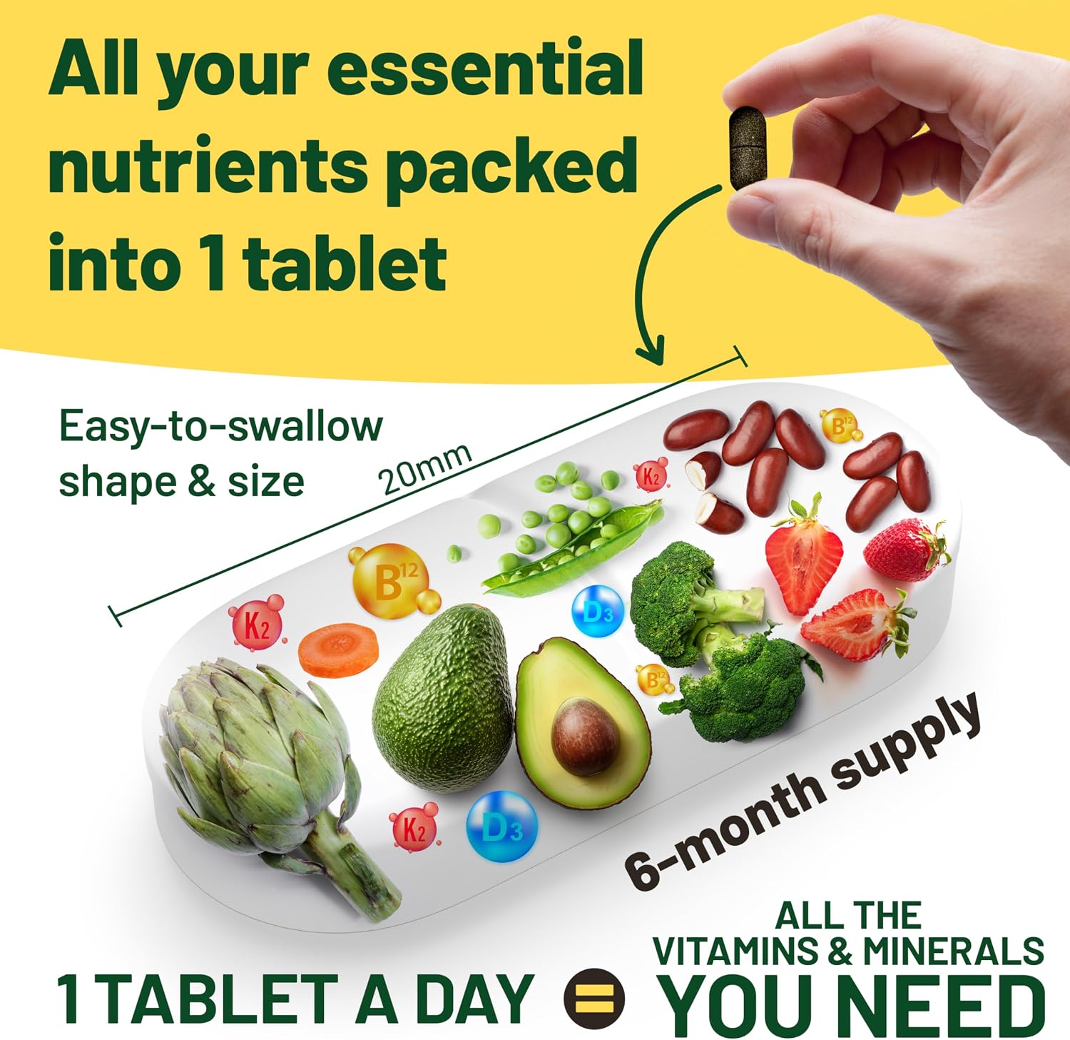 Vegan Vitality Multivitamin for Women and Men - High Strength B12, D3 & K2 - 180 Vegan Tablets - görsel 4