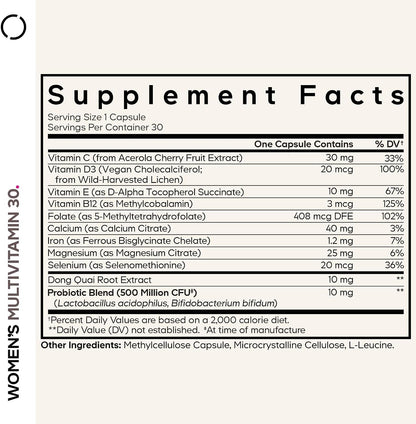 Codeage Women’s Multivitamin – Vitamins A, C, D3, E, B6, B12, Folate, Calcium, Magnesium, Iron, Dong Quai, Probiotics – 1 Capsule Per Serving – Daily Vitamin Capsules for Women – Non-GM – 30 Capsules