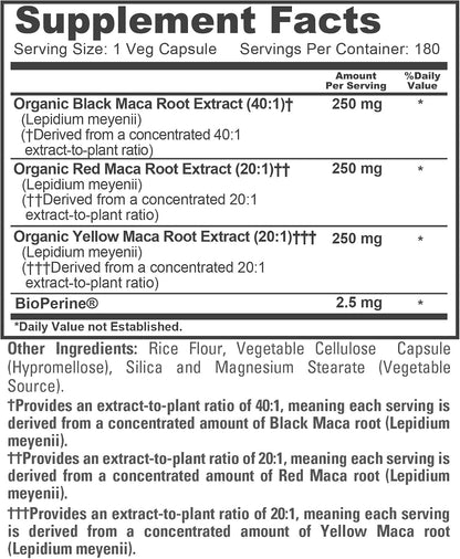 NusaPure Maca Root Black, Red, Yellow Capsules, 750 mg, 180 Veg Capsules (Non-GM, Vegan)