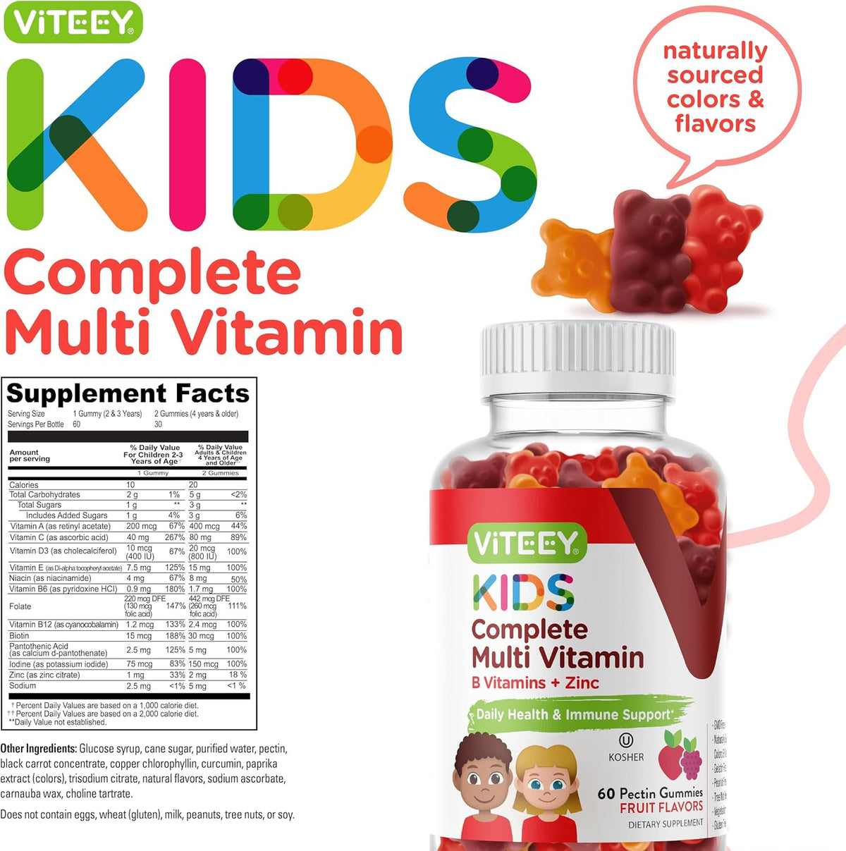 Viteey Kids Multivitamin Gummies - Complete Daily Essential Vitamins with 12 Minerals & Vitamins - Vegetarian, Gelatine-Free, Fruit Flavour - 60 Gummies - görsel 4