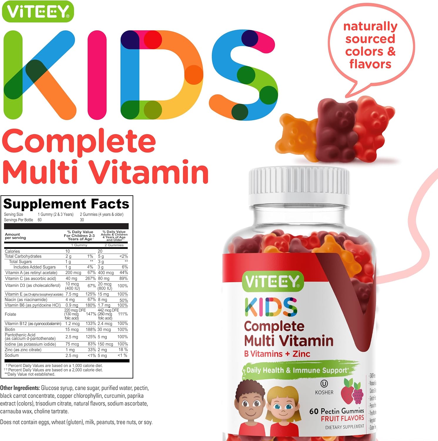 Viteey Kids Multivitamin Gummies - Complete Daily Essential Vitamins with 12 Minerals & Vitamins - Vegetarian, Gelatine-Free, Fruit Flavour - 60 Gummies - görsel 4