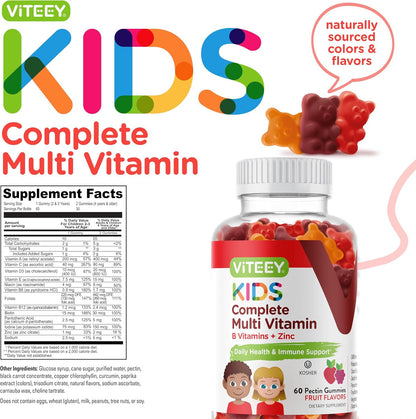 Viteey Kids Multivitamin Gummies - Complete Daily Essential Vitamins with 12 Minerals & Vitamins - Vegetarian, Gelatine-Free, Fruit Flavour - 60 Gummies