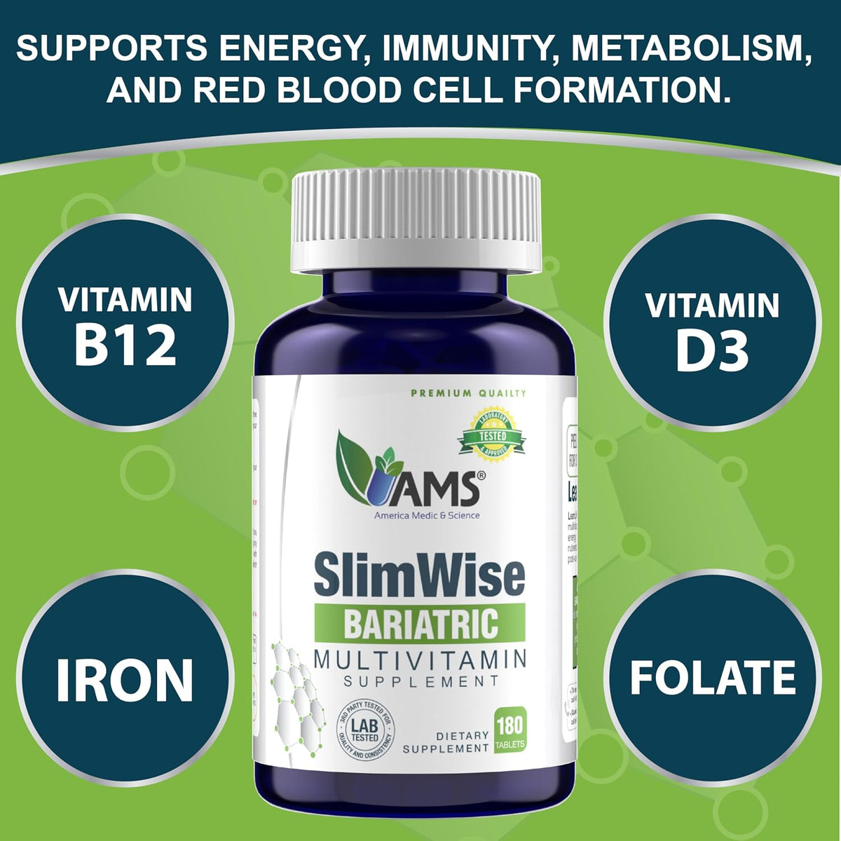 America Medic & Science SlimWise Bariatric Multivitamin – 180 Caplets (2-Month Supply) – Post-Gastric Bypass & Sleeve Gastrectomy Support with Iron, B12, Vitamin D3, Folate – Easy-to-Swallow - görsel 3