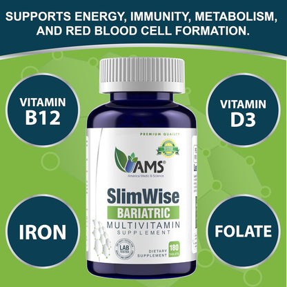 America Medic & Science SlimWise Bariatric Multivitamin – 180 Caplets (2-Month Supply) – Post-Gastric Bypass & Sleeve Gastrectomy Support with Iron, B12, Vitamin D3, Folate – Easy-to-Swallow